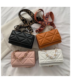 Pu Simple Leisure Women's Handbag 2024 New Retro Personality Shoulder Bag Diamond Lattice Chain Wide Shoulder Strap Small Bag