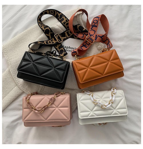 Pu Simple Leisure Women's Handbag 2024 New Retro Personality Shoulder Bag Diamond Lattice Chain Wide Shoulder Strap Small Bag