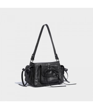 Niche Girls Casual Black Lace Up Bow Underarm Bag Women's New Single Shoulder Bag Pu Handheld Boston Bags Handbag Female Totes