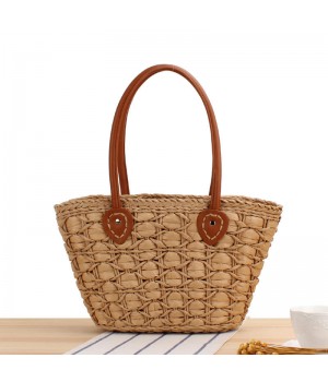 Women's Fashion Summer Beach Woven Handmade Straw Shoulder Bag Casual Canvas Lining with Button Closure for Spring Dress