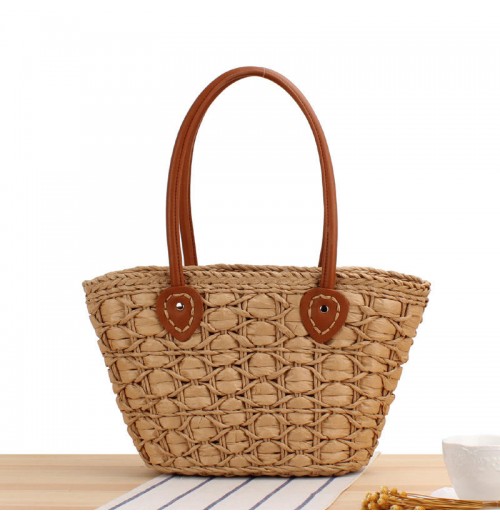 Women's Fashion Summer Beach Woven Handmade Straw Shoulder Bag Casual Canvas Lining with Button Closure for Spring Dress