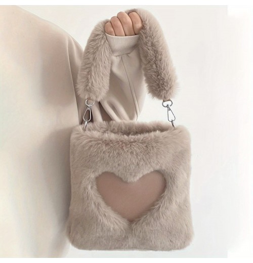 Women's Fashion Fluffy Tote Bag Mini Faux Fur Shoulder Handbag Purse with Zip and Button Closure