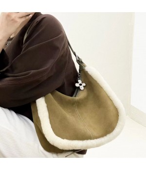 Women's Wool-Edged Crossbody Bag Fashionable Suede Cowhide Two Soft Underarm Straps Button Polyester Casual Use Winter Autumn