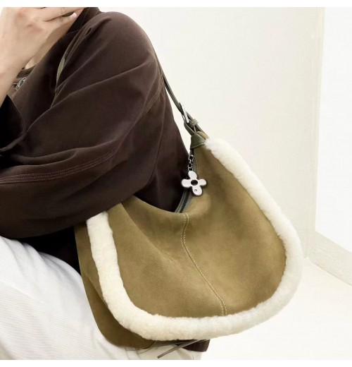 Women's Wool-Edged Crossbody Bag Fashionable Suede Cowhide Two Soft Underarm Straps Button Polyester Casual Use Winter Autumn